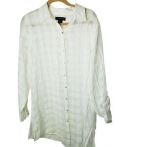 Tahari Womens White Linen Cotton Long Tunic Top Roll-Tab Sleeves M Lagenlook‎